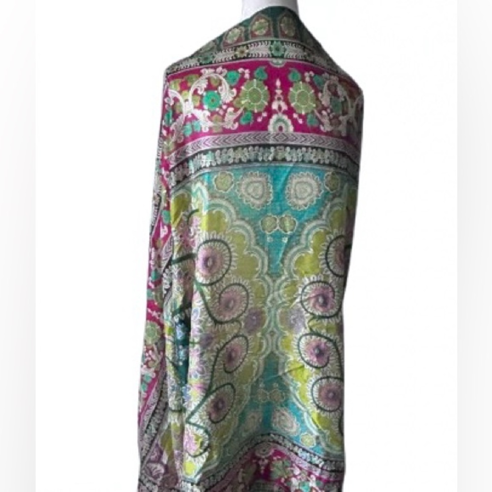 NWT 100% Silk Long Scarf Wrap Mandala Floral Boho Pink Aqua Blue Teal NEW - Picture 5 of 14